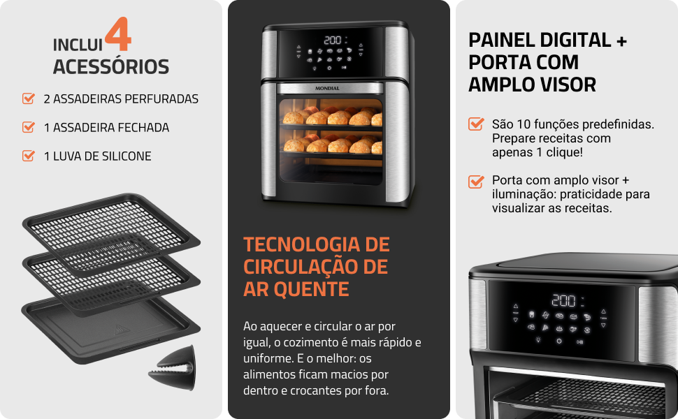 Acessórios inclusos, tecnologia de circulação de ar quente e painel digital com amplo visor